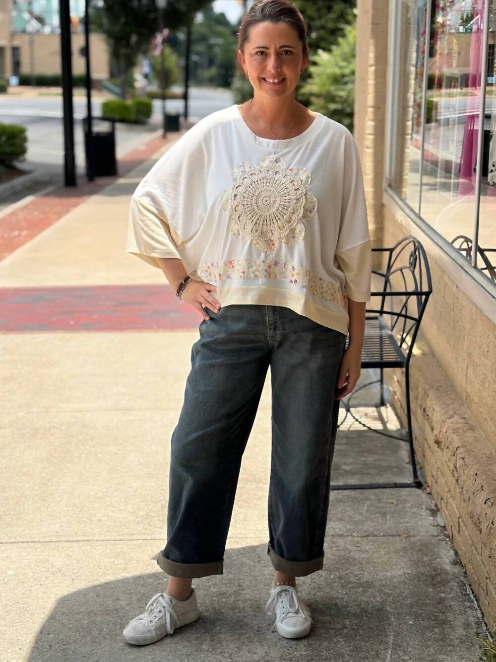 NEW MELLO lace embroidered short sleeves round neck top in ivory